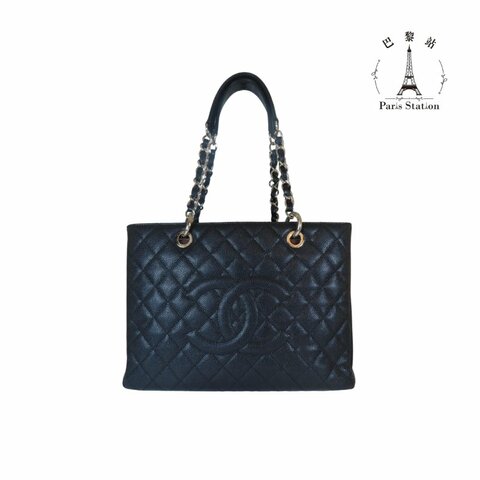 【巴黎站二手名牌專賣店】＊現貨＊CHANEL香奈兒真品＊ A50995 經典GST 黑荔枝皮銀鍊方型大購物包 豆腐包