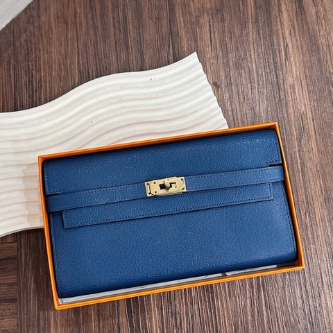 HERMES O刻 牛仔藍金扣Kelly長夾