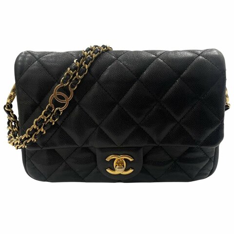 CHANEL 香奈兒 23C 雙層鍊條口蓋包 荔枝牛皮 黑色 金釦