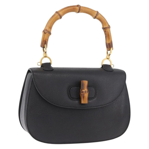 GUCCI 竹節手提包 皮革 黑色 金色 正品 183361V
