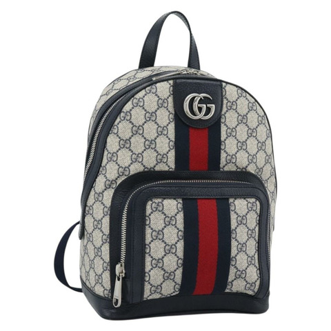 GUCCI GG Supreme Sherry Line 雙肩包 PVC 海軍藍/銀色/紅色 547965 正品 ka4697SAM