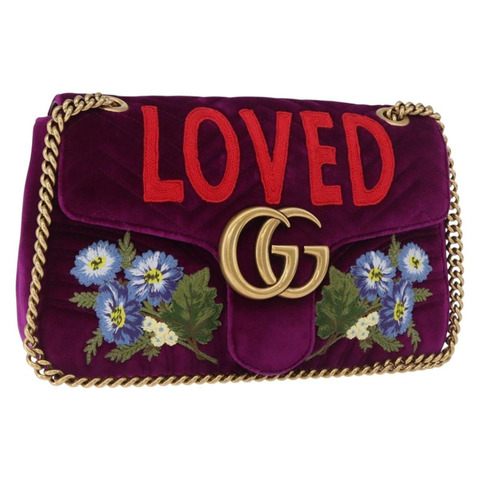 GUCCI GG Marmont 鏈條肩背包 絲絨 紫色 金色 443496 正品 185426M