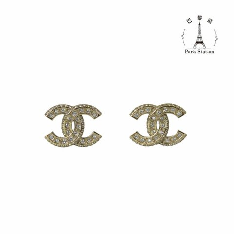 【巴黎站二手名牌專賣店】＊現貨＊CHANEL 香奈兒 真品＊ 經典雙C 淡金色 滿鑽 雙C耳環