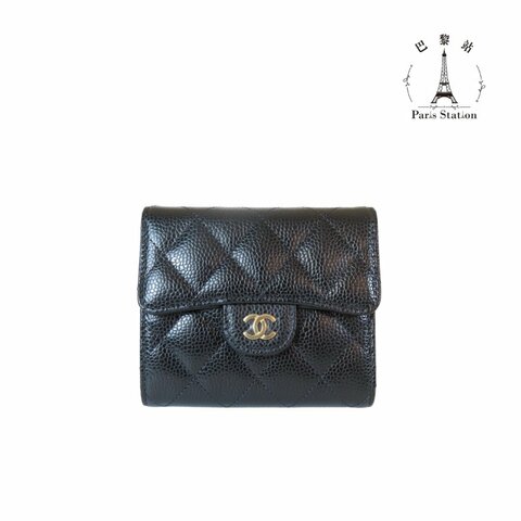 【巴黎站二手名牌專賣店】＊全新現貨＊CHANEL香奈兒真品＊黑色菱格荔枝金雙C釦式三折短夾