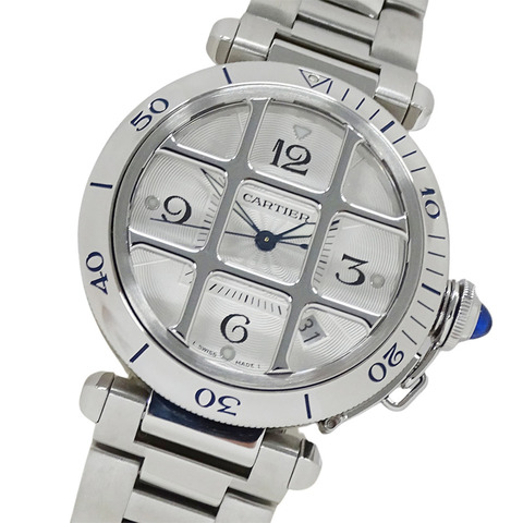 卡地亞 Pasha 系列男士自動腕錶，不鏽鋼 (SS) W31040H3，銀色，透底背