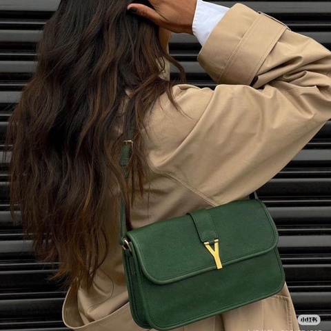 YSL 墨綠色金扣Y字扣手提肩背腋下包 26*16*5 9新 配件塵袋