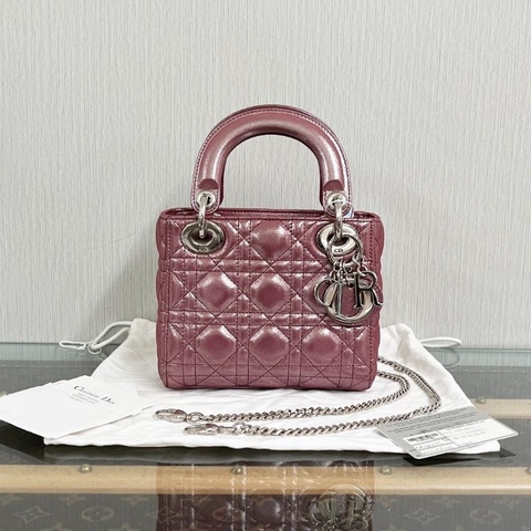 DIOR 珠光粉銀扣三格黛妃 手提肩背斜背包 17*14*7 9新 配件塵袋保卡