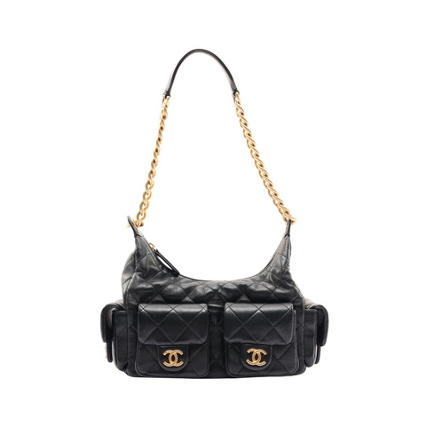 Trendy Pockets Hobo 肩背包 黑色 菱格紋羊皮【CHANEL 香奈兒】 AS5302