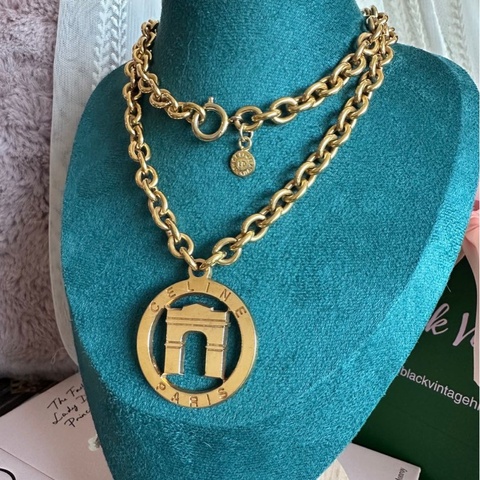思琳 中古 CELINE Vintage 古董老物系列 圓牌鏤空凱旋門粗鏈長項鍊