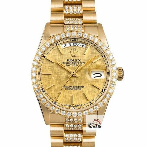 【大眾名錶】ROLEX勞力士18238 Day-Date 蠔式18K 精鑲鑽圈 精鑲鑽帶 金布紋T柱面 大眾名錶G305