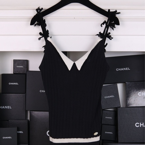Chanel 06年蓝白拼接蝴蝶结针织吊带背心上衣外套