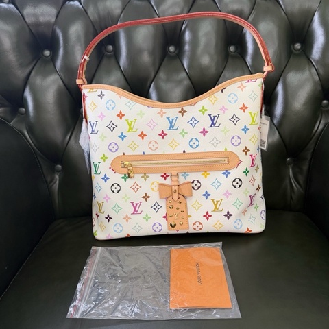 路易威登LOUIS VUITTON x Takashi Murakami 村上隆 聯名款 Lineup 白三彩 品牌老花滿印 塗層帆布 肩背包斜背包手提包 中號 白色