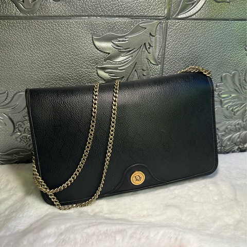 迪奧 Christian Dior 黑色老花絕版古董級Vintage 鏈帶信封包 斜背包 肩背包 側背包