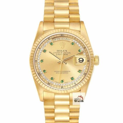 【大眾名錶】ROLEX 勞力士 18238 Day-Date 蠔式18K金 綠寶多層鑽面盤 原面未翻寫 錶徑36mm G130