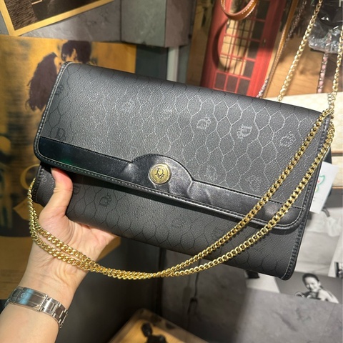 迪奧 Christian Dior 黑色蜂巢格紋 老花絕版古董級Vintage 鏈帶信封包 斜背包 肩背包 側背包