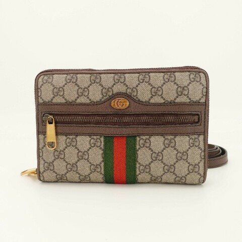 GUCCI 棕色金扣老花ophidia雙拉鍊相機包
