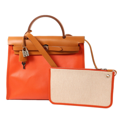 HERMES 帆布Herbag PM手挽肩背兩用袋Orange Mecano/Beige/Fauve
