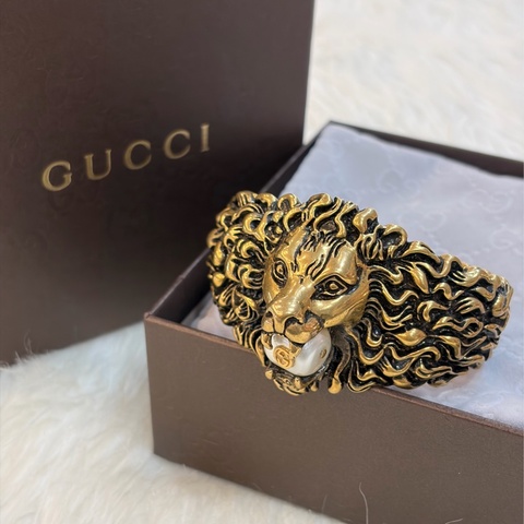 GUCCI 金獅 獅子 獅頭 LION 實心 黃銅 珍珠 招財 霸氣 發財 手環 手鐲