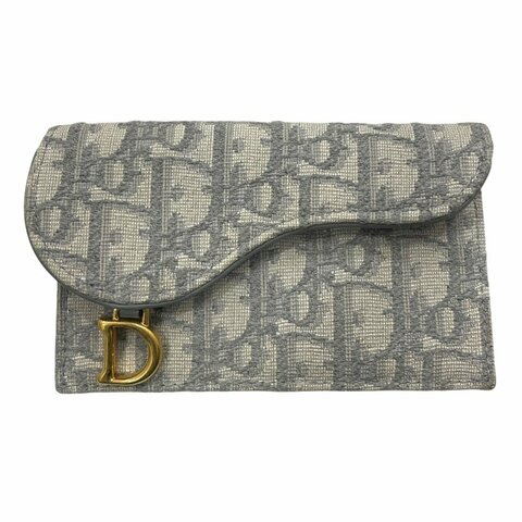 DIOR 迪奧 SADDLE FLAP 卡夾 緹花帆布 灰色 金釦