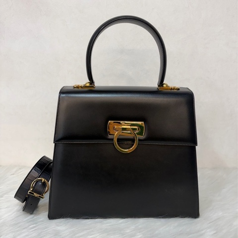 Salvatore Ferragamo BOX KELLY 黑色牛皮金釦 手提包凱莉包肩背包斜背包