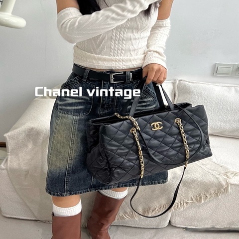 Chanel香奈兒 中古黑金全皮外縫線2way托特包