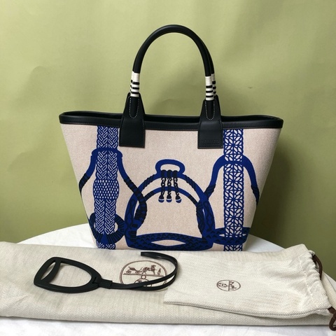 HERMES/愛馬仕 藍白拼色銀扣Steeple25手提包托特包 附件：塵袋