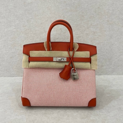 Hermes 愛馬仕 birkin25 手提包 磚紅色 帆布拼皮 銀扣