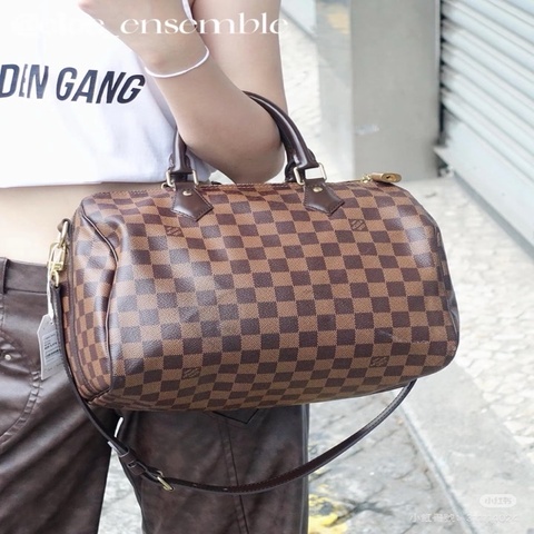 👜LV路易威登｜棕棋盤格speedy35｜波士頓包枕頭包手提包｜98新