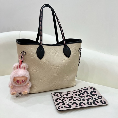 路易威登/Louis Vuitton Neverfull 奶油白拼豹紋中號手袋98新芯片款