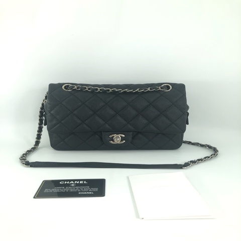 Chanel 香奈兒 easy flap 黑銀牛 黑色銀扣 荔枝牛皮 中號 CF 機場包 拉鍊款