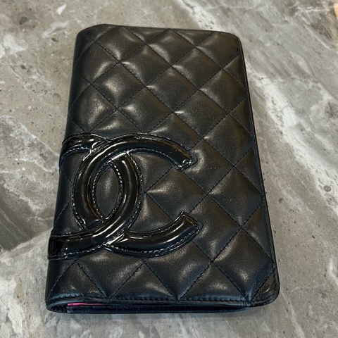 CHANEL 香奈兒 康鵬 黑拼螢光粉長款錢包