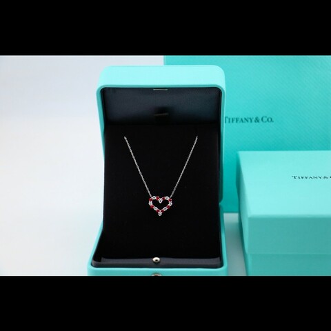 Tiffany 金 滿鑽 紅寶石 heart 愛心 項鍊 中號