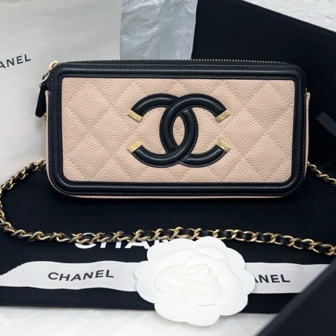 Chanel 香奈兒 mini 相機包 27開 經典米黃色拼黑色 荔枝牛皮