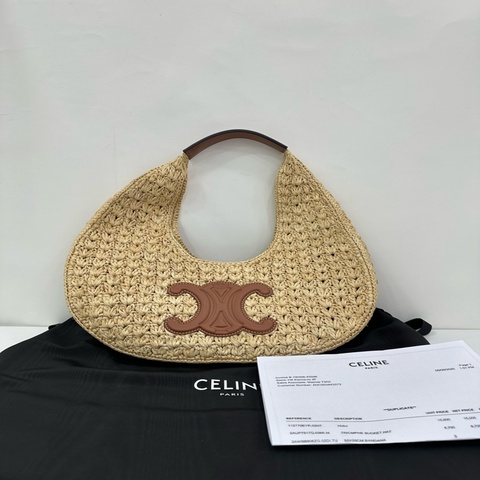 CELINE賽琳 草編 HOBO包手提包 女款 自然色/棕褐色 24年編碼，25年購證