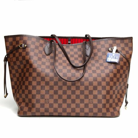 LOUIS VUITTON Neverfull大號39棕色棋盤格PVC金扣晶片肩背包