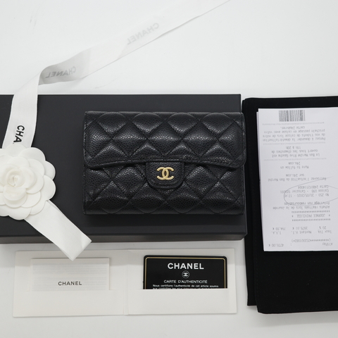 Chanel 香奈兒 Classic Flap 黑色 牛皮 荔枝 金釦 中短夾 （鈔票+卡位+零錢位）