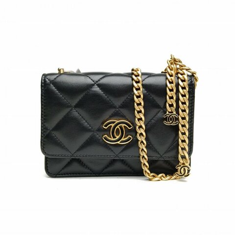 CHANEL 22P雙C琺瑯扣WOC黑色羊皮31開金扣肩背包