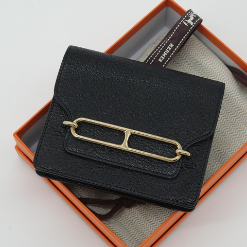 【CP 精選🌟小編推薦】Hermès 愛馬仕 Roulis 經典豬鼻子 Slim Wallet 黑色 金釦 山羊皮 錢包 Z 刻（送鏈條⛓️可以斜背）