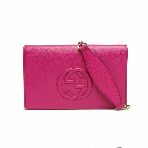 GUCCI 玫紅牛皮銀扣雙G鏈條包肩背包