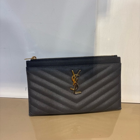 YSL 灰荔枝牛皮扁型一字拉長夾