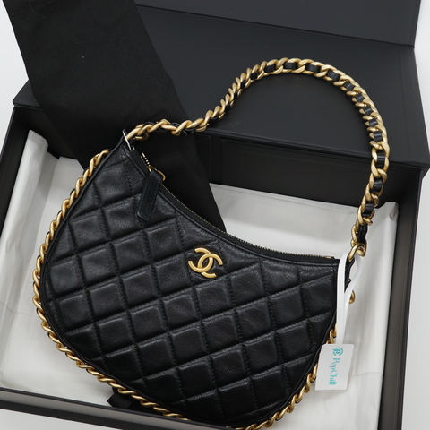 Chanel 香奈兒 黑色羊皮 LOOP 鏈條包 單肩包 半月包 AS437