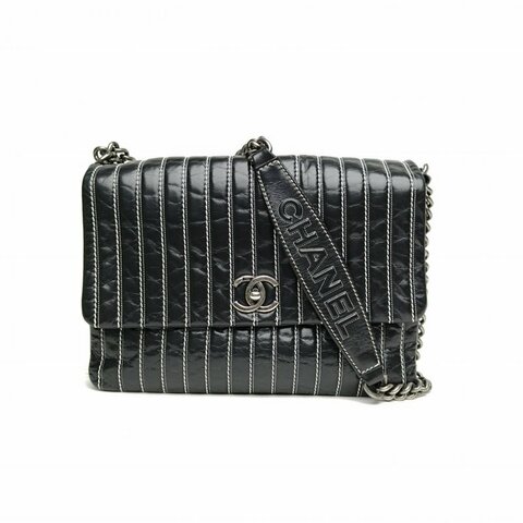 CHANEL 黑色牛皮銀扣豎紋信封機場包鏈條包肩背包