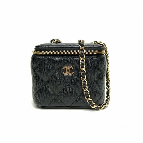 CHANEL 經典款方盒子化妝包黑色荔枝牛皮31開淺金扣肩背包