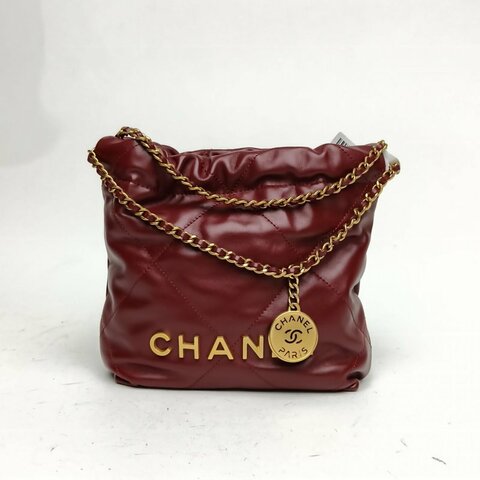 CHANEL 22BagTote托特包Mini2酒紅色牛皮晶片金扣肩背包