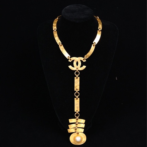 Chanel 97年CC珍珠吊坠素金chocker