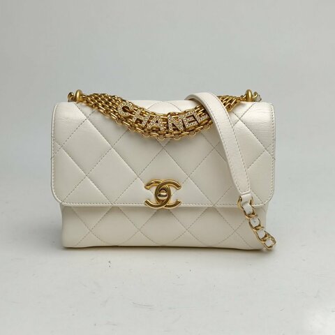 CHANEL 22S口蓋包白色羊皮晶片金扣水鑽LOGO多鏈條肩背包