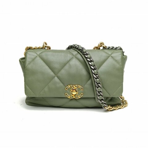 CHANEL 19BAG口蓋包中號綠色羊皮晶片金銀扣肩背包
