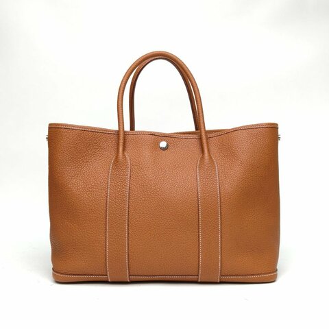 HERMES GardenParty花園包金棕色D刻銀扣肩背包