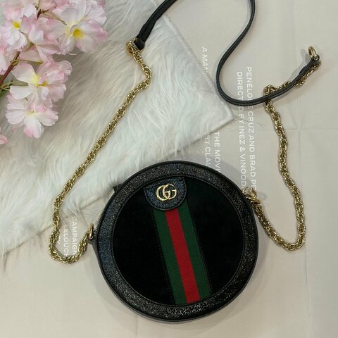 GUCCI黑麂皮拼接圓餅包