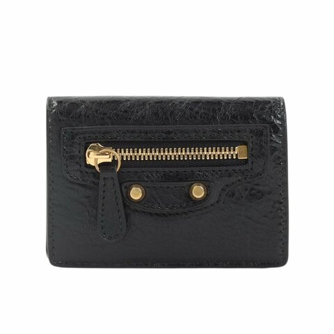 【Balenciaga 巴黎世家】Le City Mini 迷你 三折 羊皮 卡夾 零錢包 皮夾 短夾 黑色 金色 810669